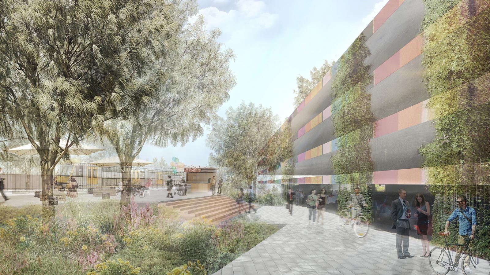 An outdoor urban space in the heart of the Town Centre with greenery, large trees, and a path for walking and bicycling. Colorful, horizontal wall panels adorn the right side while a food truck with parasols sits on the left. Stairs lead to a seating area amidst plants and flowers, enhancing Springwood's masterplan vision.