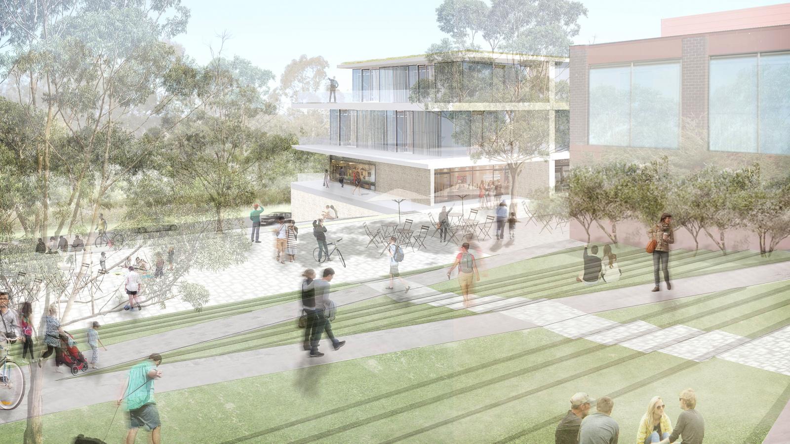 A busy outdoor campus area with people walking, sitting on grass, and talking. Modern buildings with large windows are in the background, bordered by trees. The space reflects the masterplan of Springwood Town Centre and captures a lively, social atmosphere.