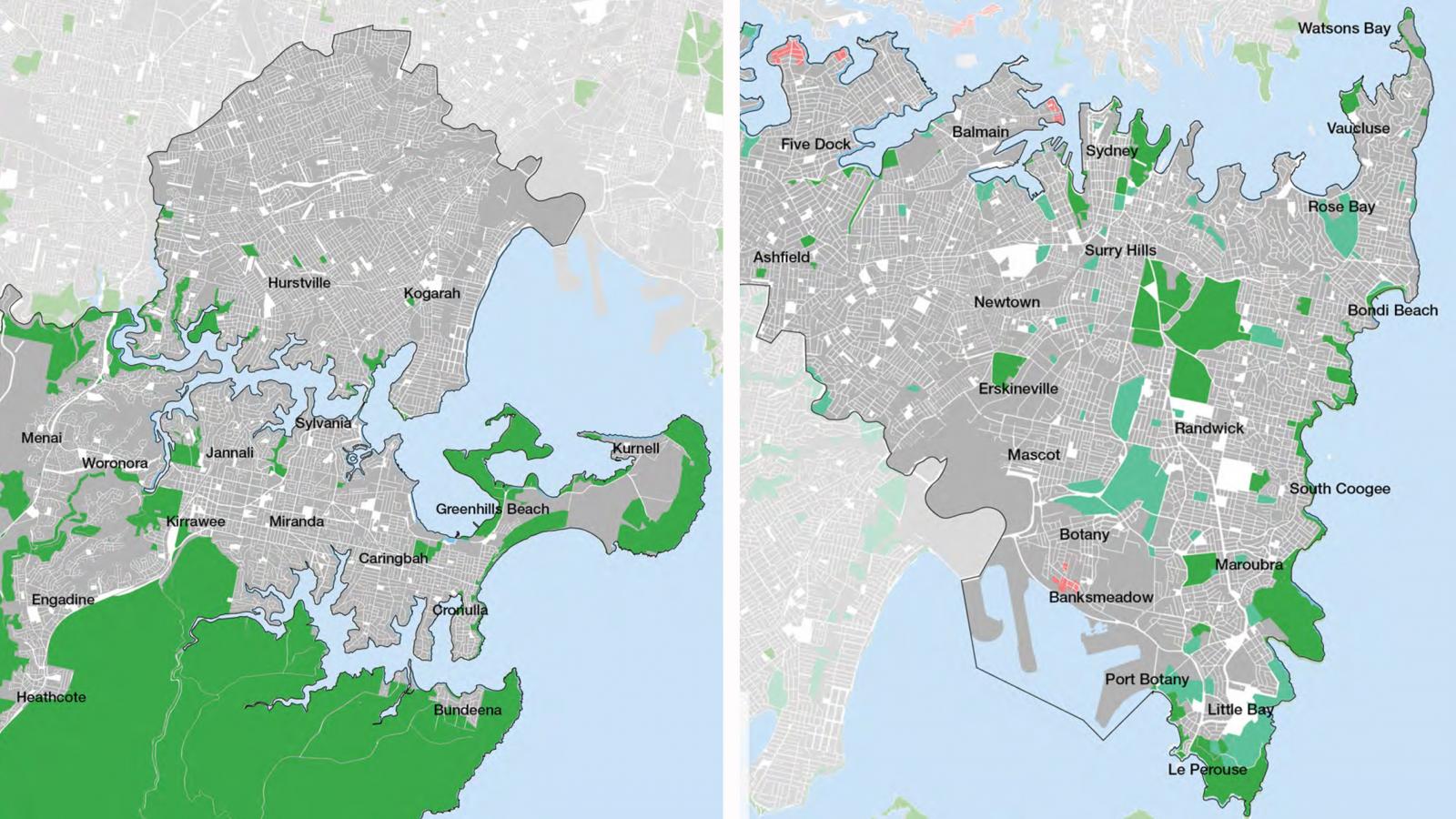 Two side-by-side maps showing the suburbs of Sydney. The left map highlights suburbs mostly within the Inner West and Southern Sydney, while the right focuses on areas in the Eastern and Inner City regions. Green areas depict parks and nature reserves, with a clear grid for easy navigation.