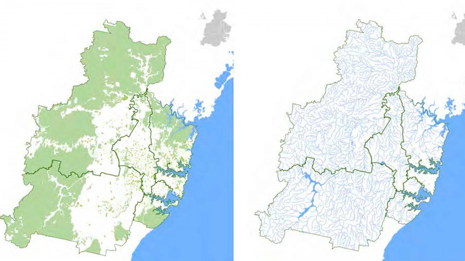 Two side-by-side maps display a geographic region with different focuses. The left map highlights green areas that likely represent vegetation or land use, while the right map features a grid of blue lines indicating rivers or drainage systems.