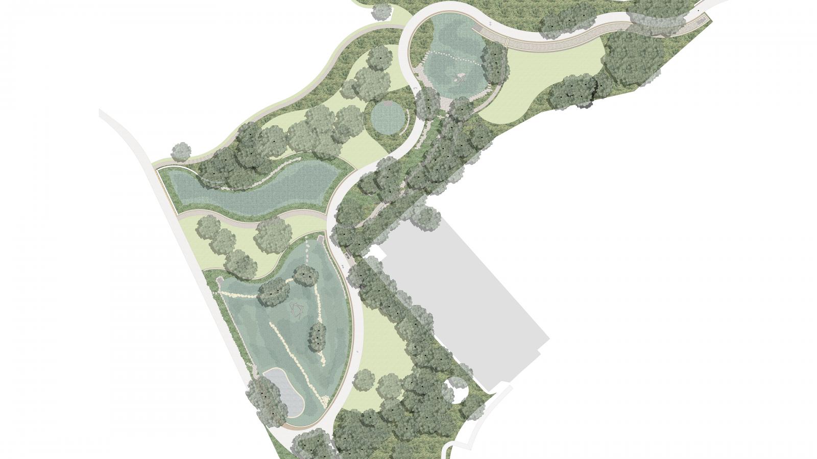 A detailed landscape plan featuring winding pathways, trees, and greenery. Several water-filled pond-like areas and open grassy sections are interspersed throughout the layout. Roads border the top and left sides of the plan, with a gray building footprint situated towards the right center.