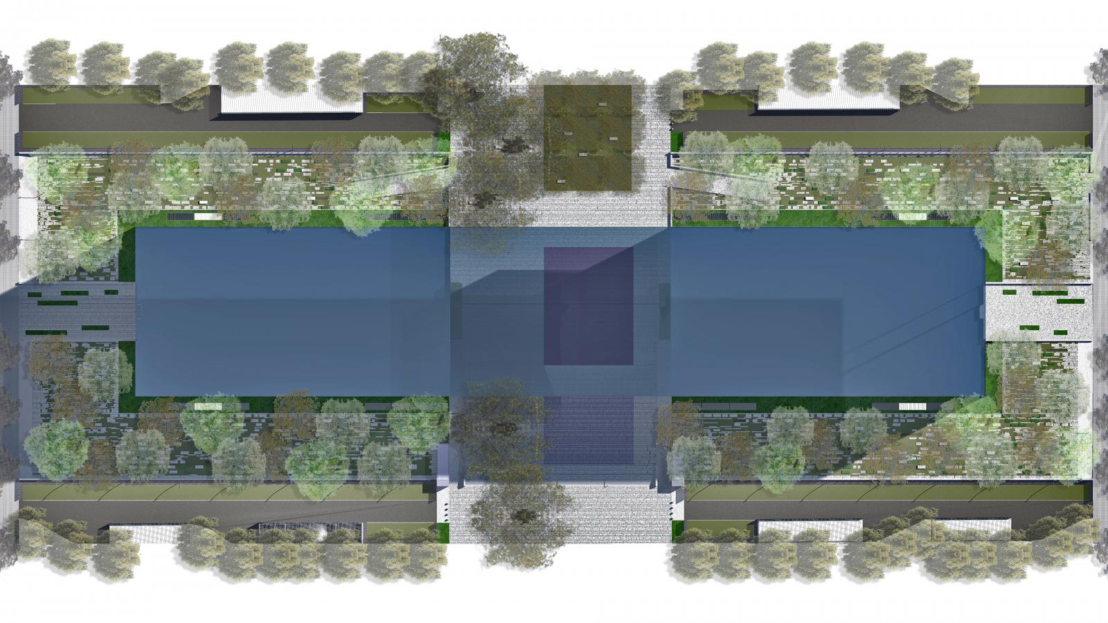 An architectural site plan for Stage 1 in Taichung reveals a symmetrical layout featuring two large rectangular blue areas at the center, surrounded by green spaces with trees and pathways. The design, possibly for a government project, includes structured landscaping with various shades of green, suggesting gardens and seating areas.