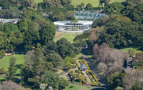 Aerial view of the lush, green Royal Botanic Gardens with dense trees, well-maintained pathways, a central glasshouse structure resembling a calyx, and smaller garden sections. The landscape features various plant species and neatly arranged flower beds amidst the greenery.