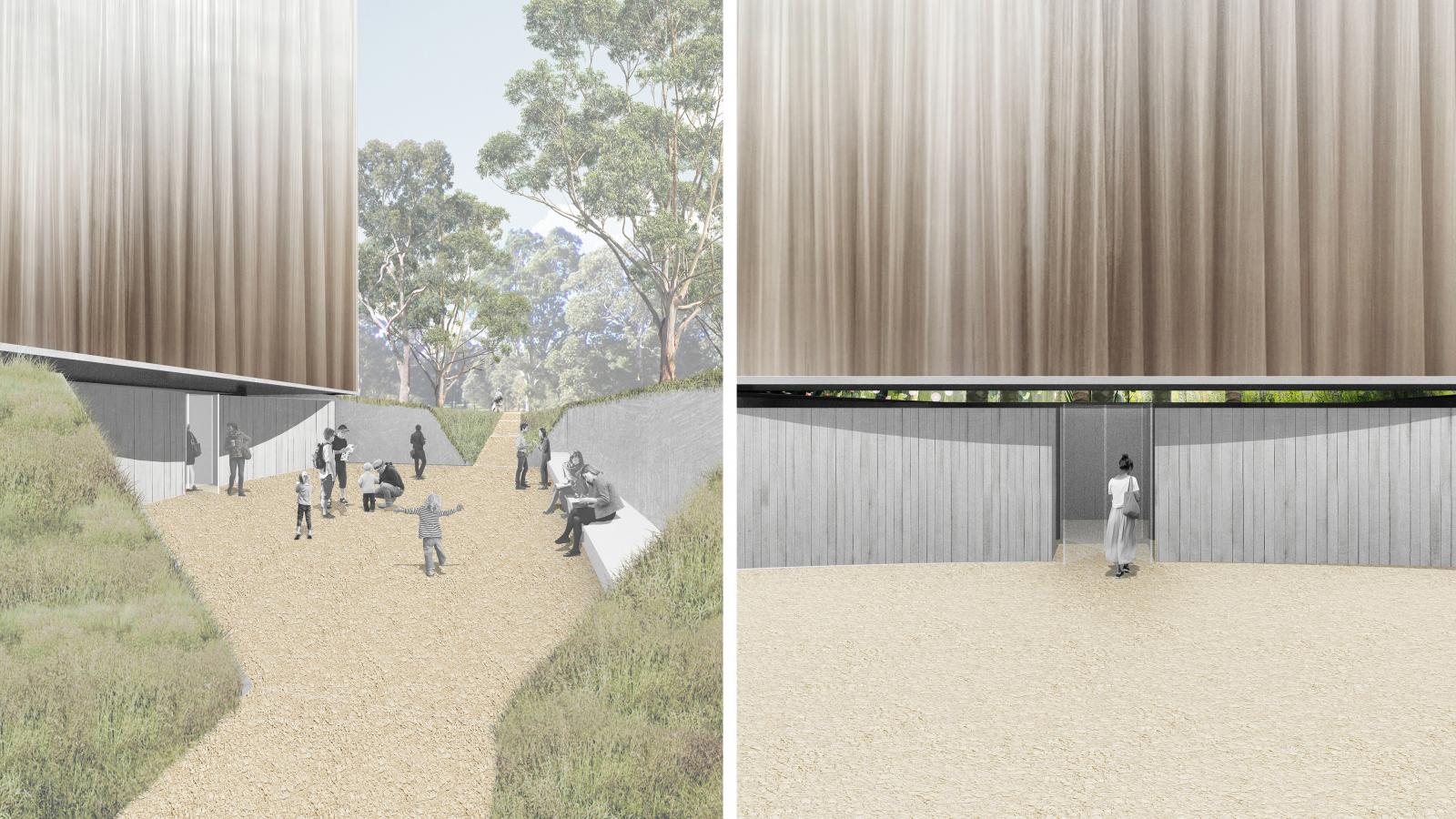 The image is a two-part architectural rendering: the left side shows people gathered outdoors on a gravel path with trees and the modern building of The Ian Potter National Conservatory in the background; the right side is a close-up of the same building, focusing on a large, metallic wall and a lone person.