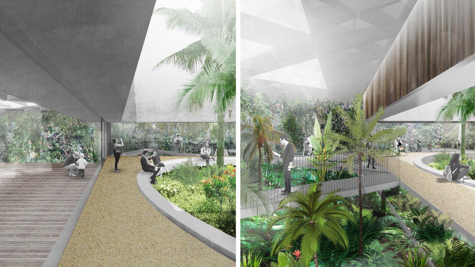 A side-by-side image shows two views of an indoor garden at the Ian Potter National Conservatory. Both views display a lush, tropical environment with a variety of green plants, trees, and seating areas. Sunlight filters through large skylights above, enhancing the natural ambiance and highlighting cozy spots for visitors.