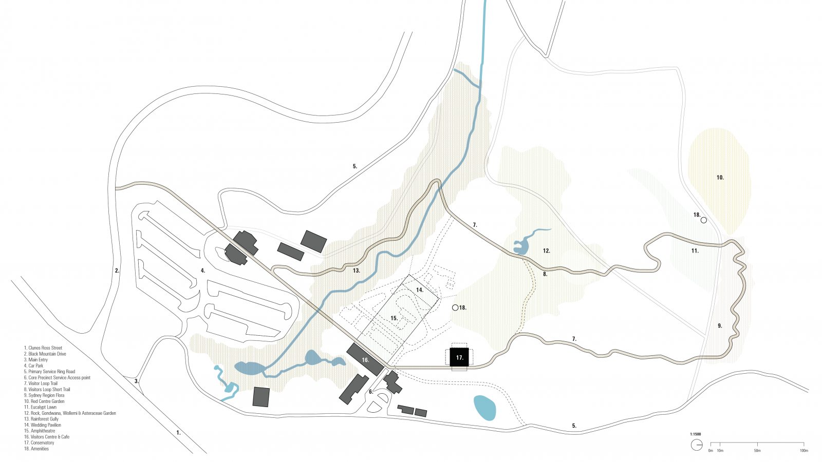 A detailed map of the National Conservatory park with various landmarks labeled, including parking areas, pathways, the Ian Potter main building, and natural features like streams and a pond. The terrain includes hills and shaded areas, with a legend indicating different points of interest.