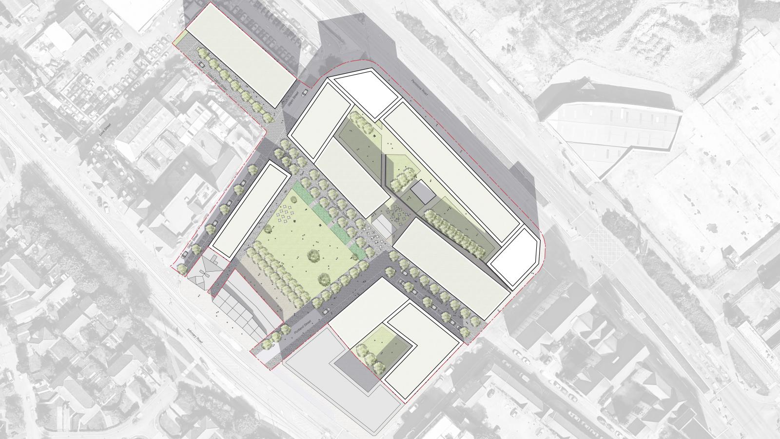 An aerial view of an architectural site plan in Philadelphia showcases a large U-shaped building complex surrounding a central courtyard with pathways, green spaces, and trees. Surrounding streets, smaller buildings, and an adjoining parking area are visible near the park.