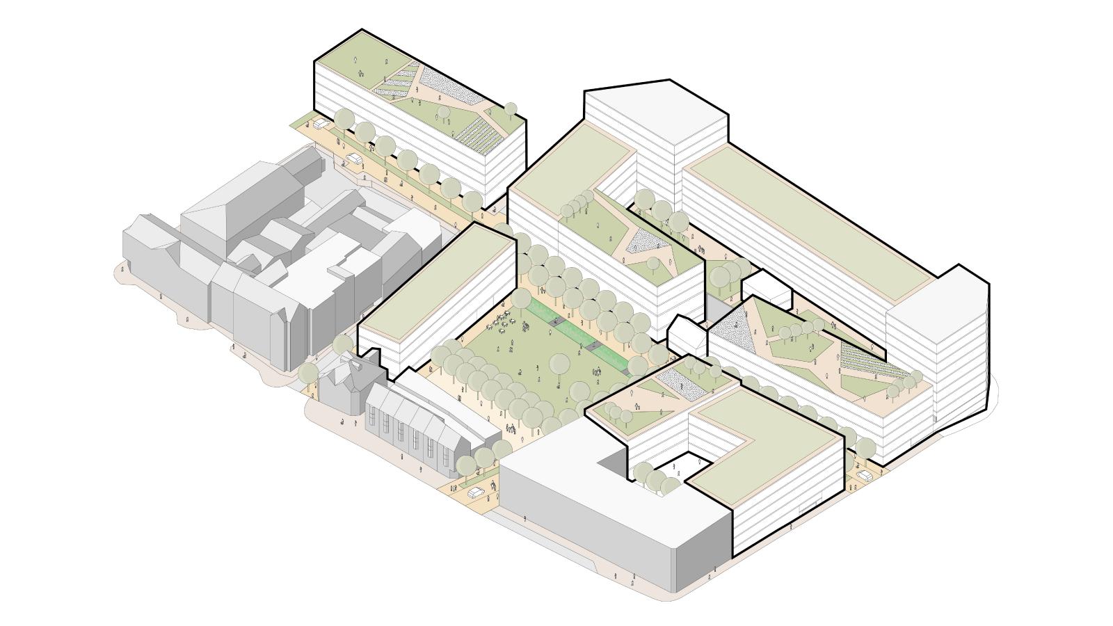 Isometric architectural rendering of a mixed-use development in Philadelphia, featuring multiple multi-story buildings with green roof terraces, open courtyards, and landscaped areas. The layout includes residential, commercial, and public spaces connected by pathways and a central park.