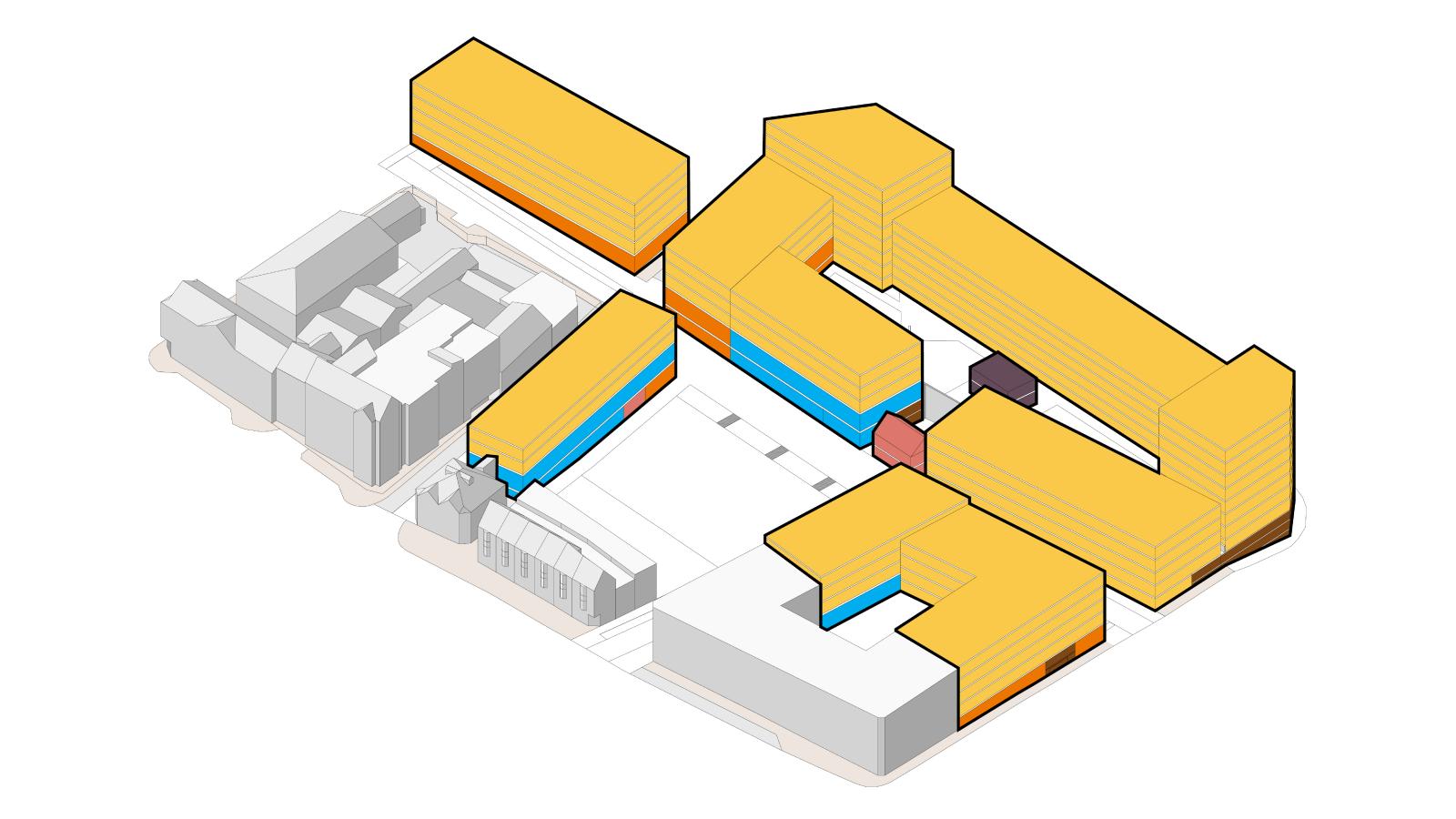 A 3D architectural model of a Philadelphia city block featuring several multi-story buildings and a park. Structures are highlighted in different colors: orange, blue, and brown. The image illustrates the layout and spatial arrangement of the buildings in their urban context.