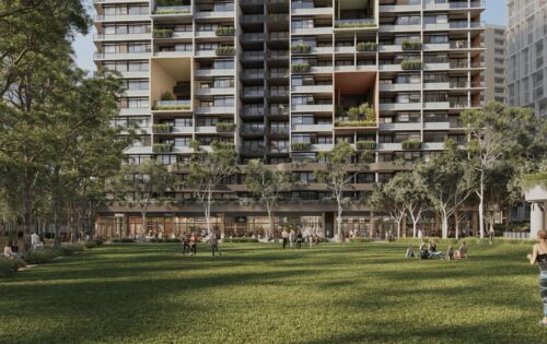 A modern high-rise residential building with multiple balconies, some featuring greenery. In front of the Ivanhoe Estate is an expansive green lawn with several trees and people relaxing, walking, and engaging in leisure activities. The setting appears urban and serene, reminiscent of a treehouse oasis.