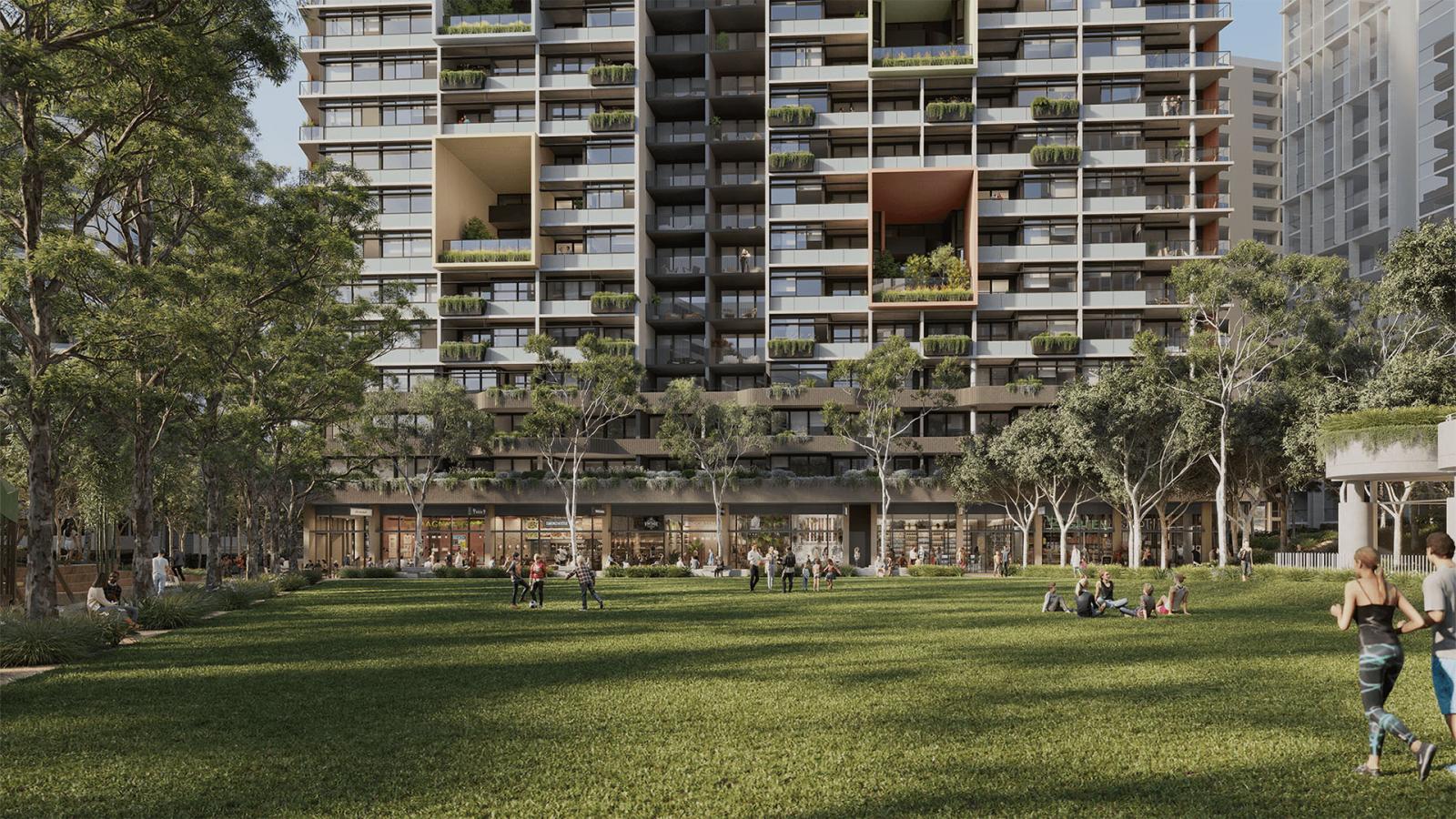 A modern high-rise residential building with multiple balconies, some featuring greenery. In front of the Ivanhoe Estate is an expansive green lawn with several trees and people relaxing, walking, and engaging in leisure activities. The setting appears urban and serene, reminiscent of a treehouse oasis.