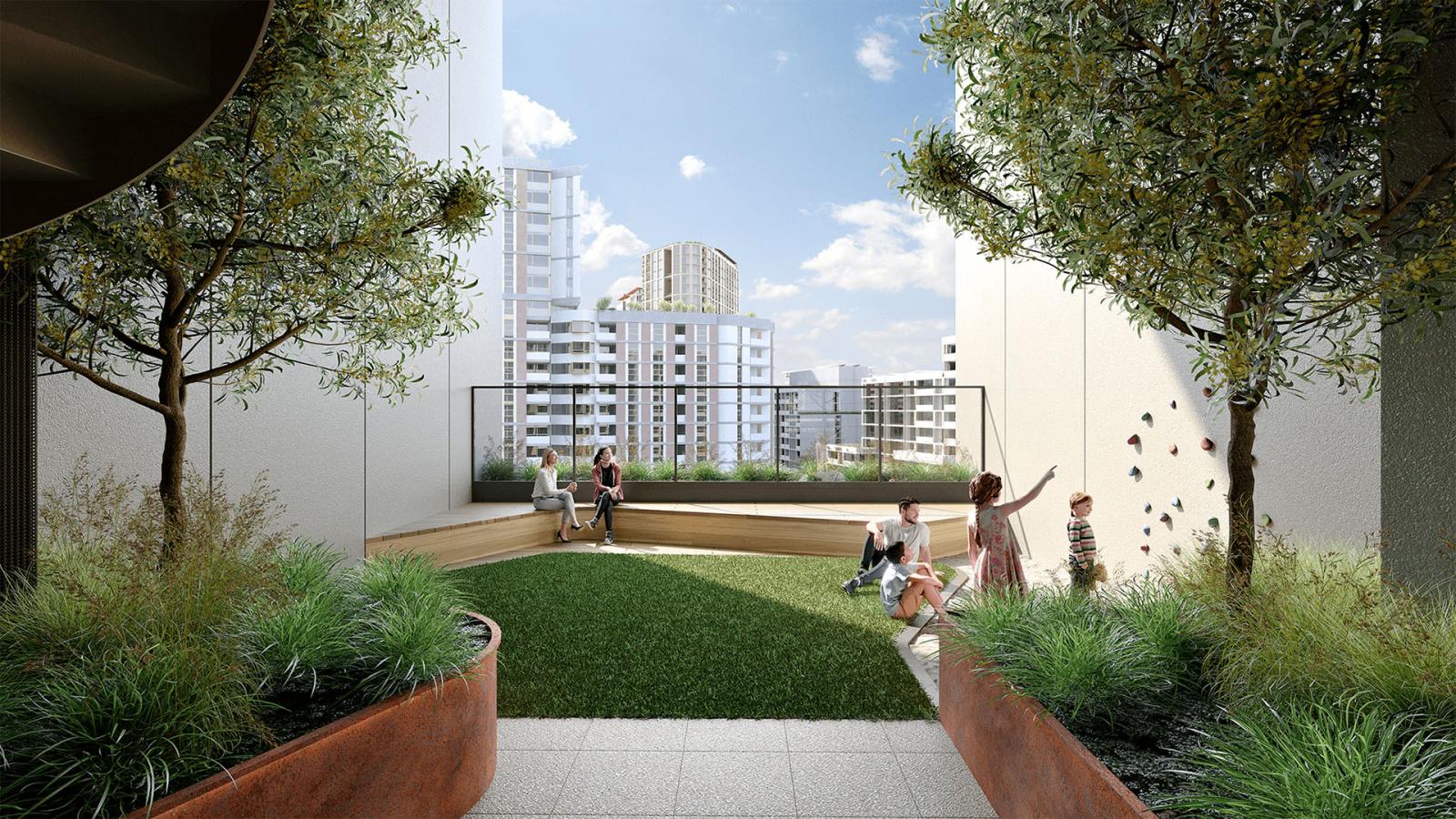 People gather in a modern courtyard of high-rise buildings at Ivanhoe Estate, surrounded by tall plants in large planters. Two trees frame the scene, while some individuals relax on a curving bench and others, including children, play on the grass and watch colorful butterflies near a whimsical treehouse.