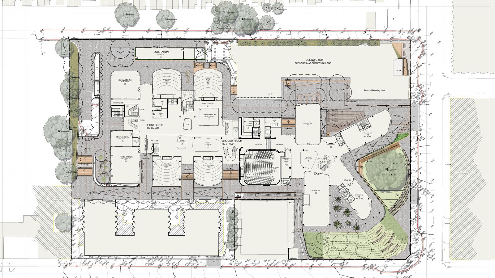 A detailed architectural site plan shows the layout of the new Business School building at Sydney University and its surroundings. The plan includes various rooms, landscaped areas, pathways, and parking spaces, marked with specific designations and measurements. Trees and vegetation are also illustrated.