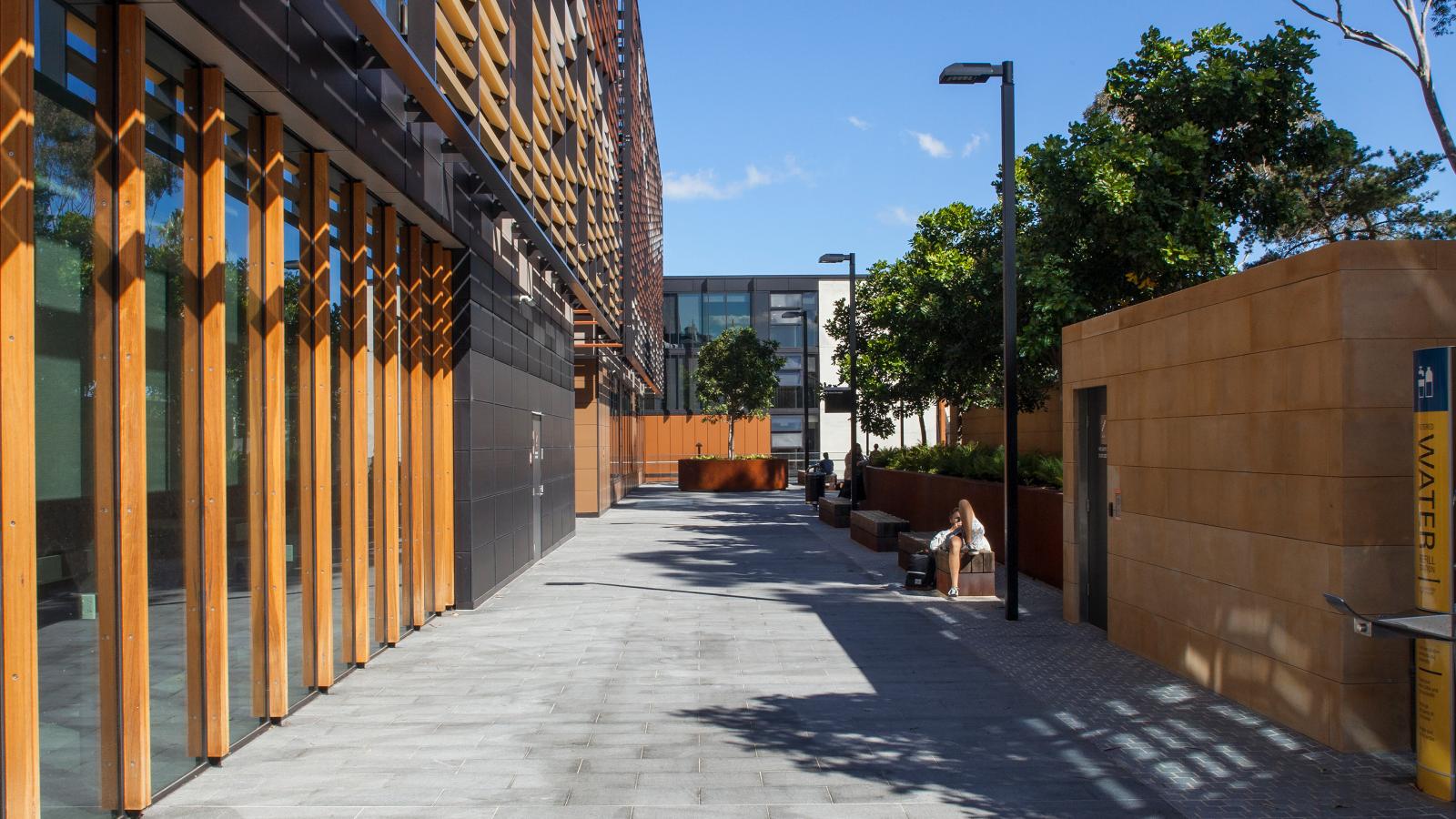 A modern outdoor walkway flanked by contemporary buildings and lush greenery at the University of Sydney Business School. The left side features wooden slats and glass windows, while the right side has tan stone walls and planters. A person sits on a bench under the trees with a blue sky above.