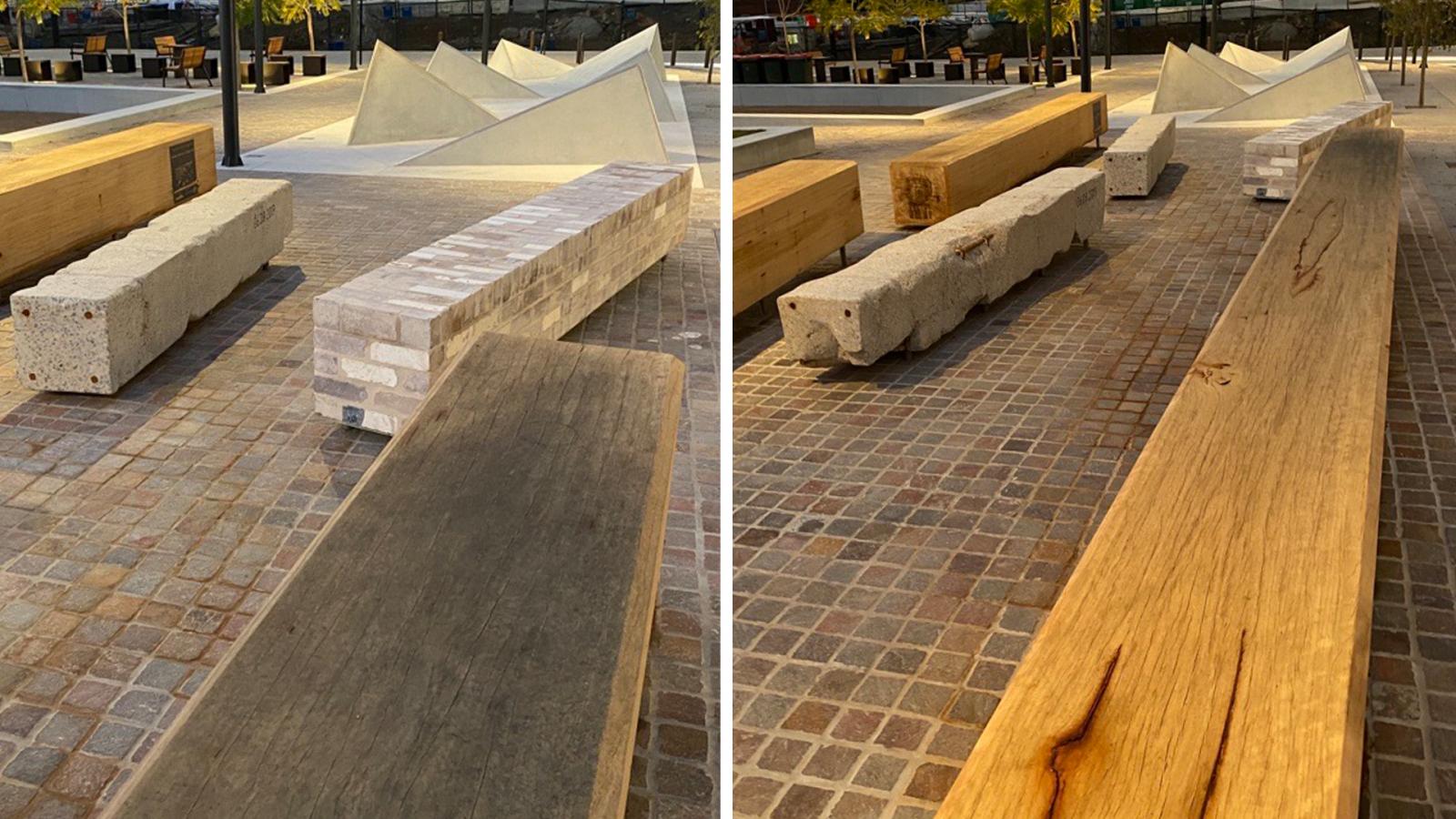 A split image showcasing the modern outdoor seating area along Warrick Lane. The left side displays an array of wooden and concrete benches with varied textures and colors on a tiled ground, while the right side focuses on a long, wooden plank bench with a subtle crack.