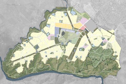 A detailed map of West Belconnen shows a large area divided into zones with varying colors indicating different land uses. Vegetation, roads, and infrastructure are depicted strategically. A river borders one side, contour lines indicate elevation changes, and open spaces are clearly marked.