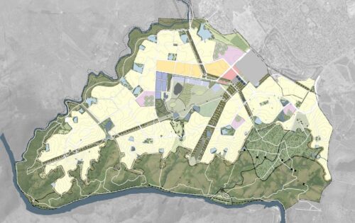 A detailed map of West Belconnen shows a large area divided into zones with varying colors indicating different land uses. Vegetation, roads, and infrastructure are depicted strategically. A river borders one side, contour lines indicate elevation changes, and open spaces are clearly marked.