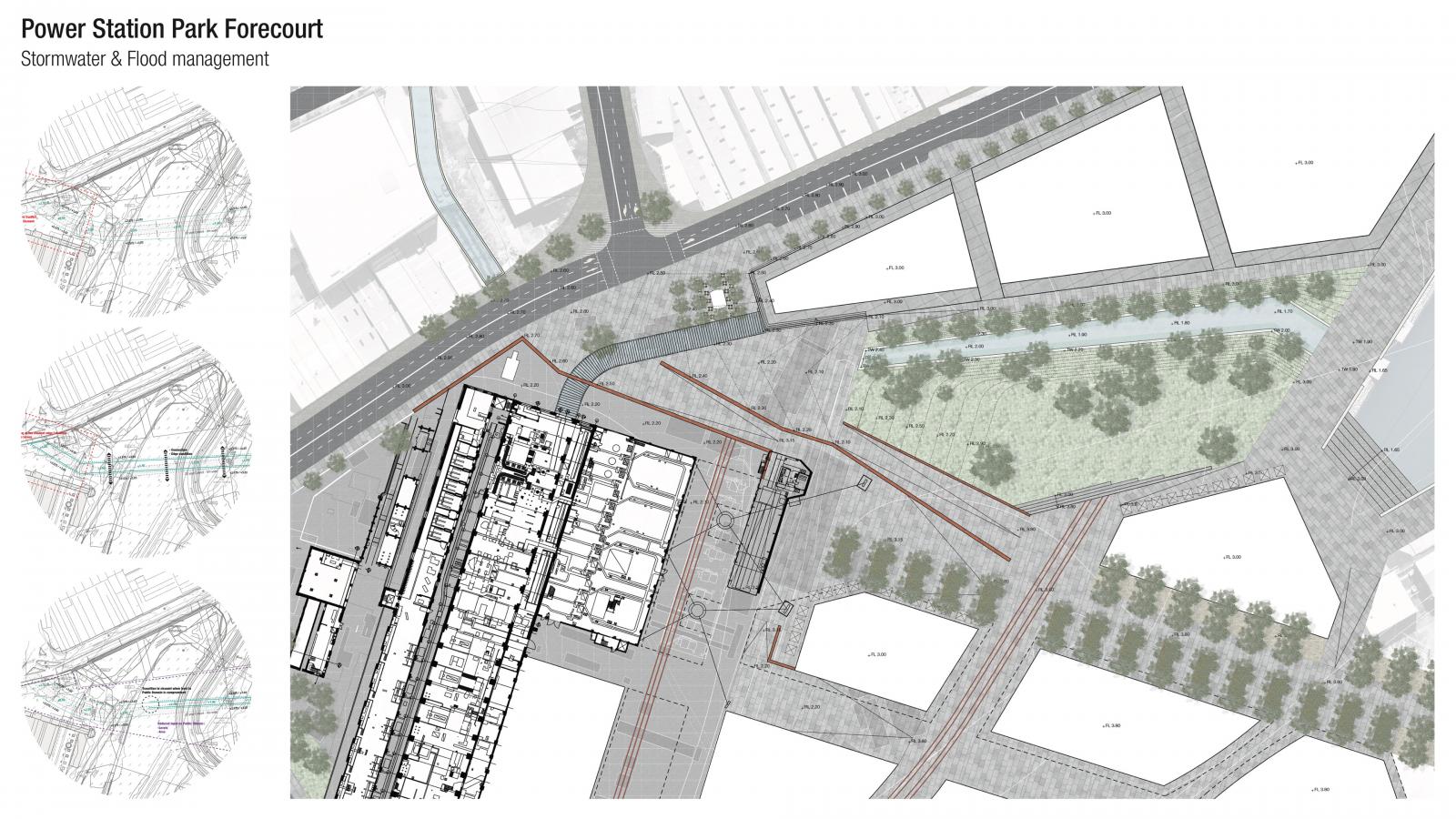 A detailed site plan of Power Station Park Forecourt, rooted in urban design, featuring pathways, green spaces, adjacent buildings, and water management systems. Smaller circular insets on the left highlight specific areas. Trees and roads are marked within this cohesive framework, emphasizing the layout and design.