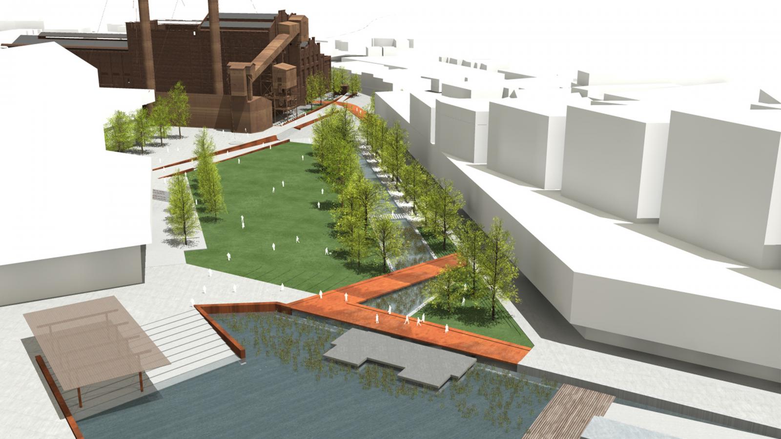 A digital rendering of an urban park with a body of water, green spaces with trees, and a pathway. On the left, there's the industrial-style White Bay Power Station. The park includes a wooden boardwalk over the water, connecting to a grassy area with scattered small figures.