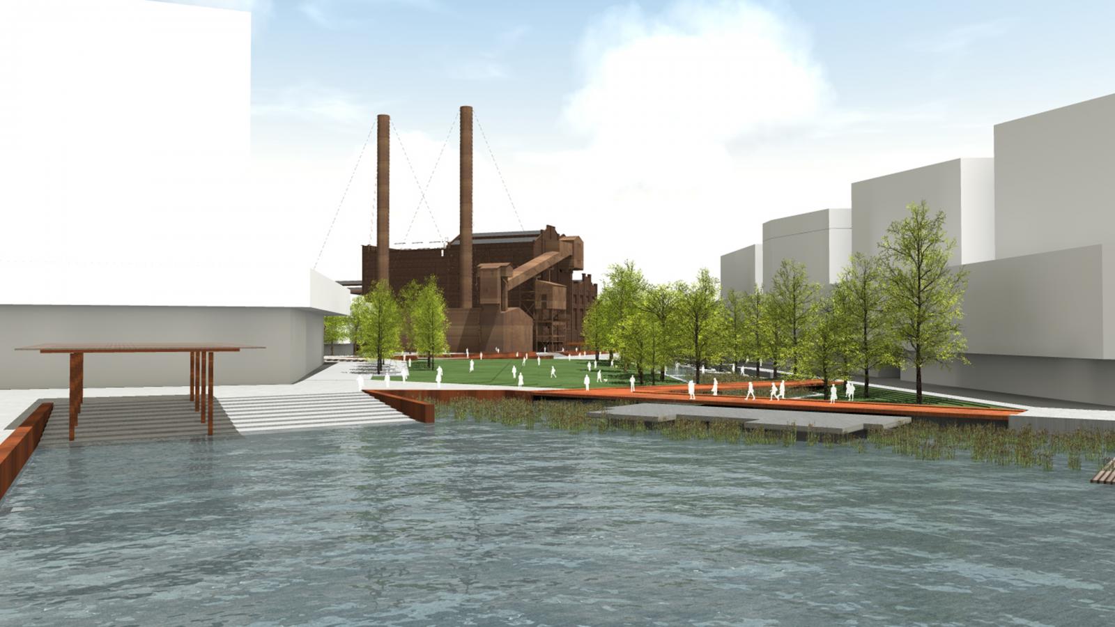 A rendered image depicts an industrial-style building with two tall chimneys in the background, reminiscent of a power station. In the foreground, there's a body of water with steps leading to a landscaped area featuring trees, pathways, and open green spaces surrounded by modern buildings, capturing the essence of White Bay's urban design.