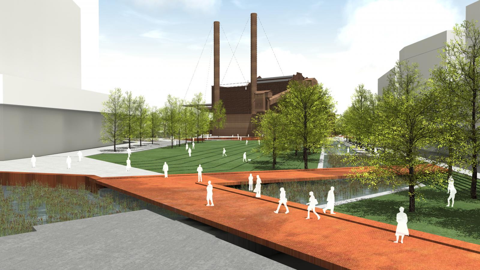 Digital rendering of a park with pathways, lawns, and a canal. The park features a red brick walkway crossing over the water and is surrounded by trees. In the background, an industrial building with tall smokestacks resembling a power station is visible. Silhouettes represent people walking and interacting.