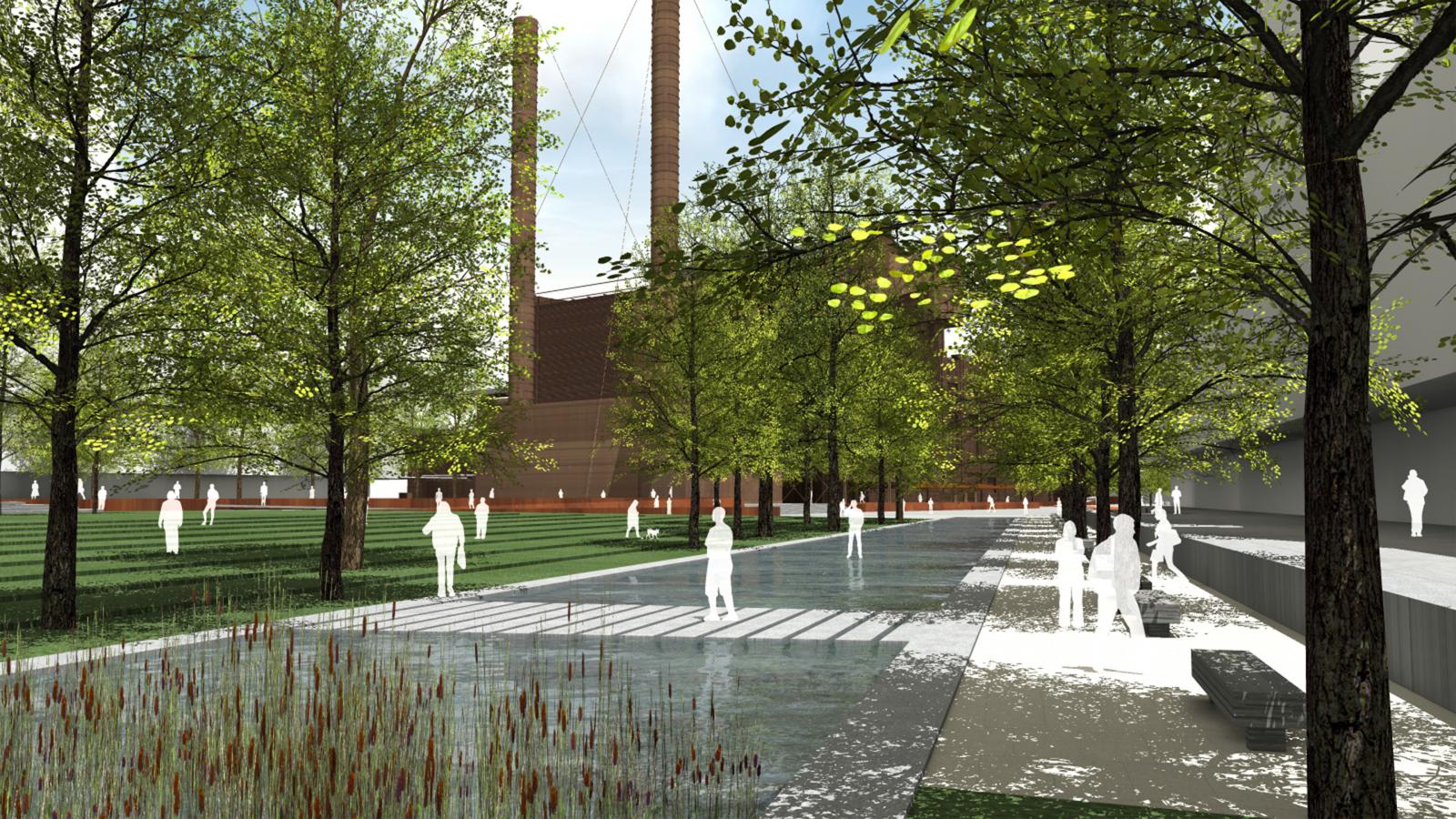 A rendered image of a modern park showcases a rectangular pond with a small bridge, pathways, lush green trees, and silhouettes of people. In the background, the iconic chimneys of the White Bay Power Station rise beside an industrial-style building, hinting at its urban design framework.