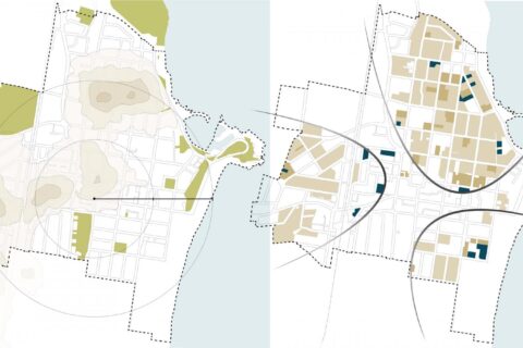 Two maps of Wollongong are shown side by side. The left map highlights topography with light brown areas indicating elevations and green spaces representing parks. The right map focuses on urban structures, featuring beige buildings and blue highlighted public spaces designed to enrich public life.