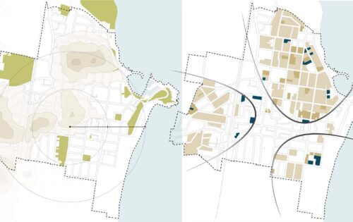 Two maps of Wollongong are shown side by side. The left map highlights topography with light brown areas indicating elevations and green spaces representing parks. The right map focuses on urban structures, featuring beige buildings and blue highlighted public spaces designed to enrich public life.