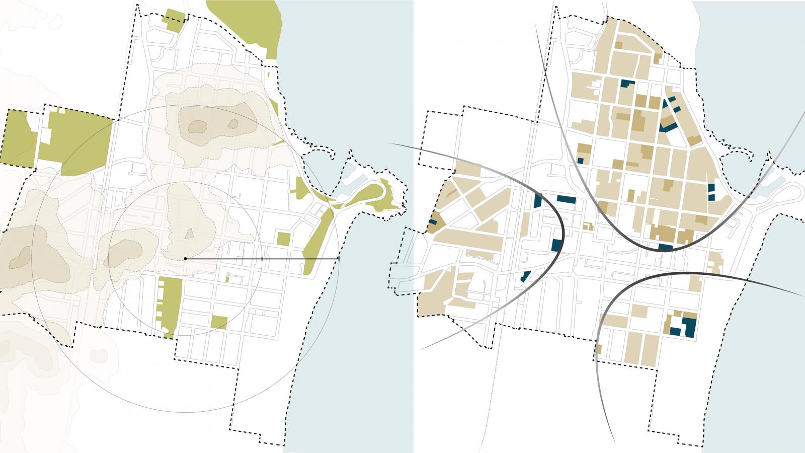 Two maps of Wollongong are shown side by side. The left map highlights topography with light brown areas indicating elevations and green spaces representing parks. The right map focuses on urban structures, featuring beige buildings and blue highlighted public spaces designed to enrich public life.