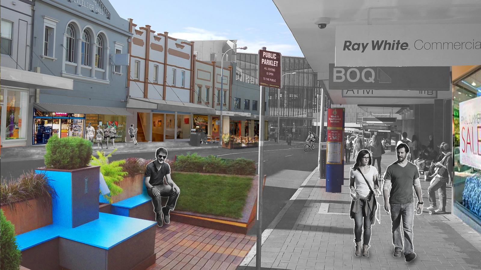 A city street in Wollongong blends from modern to historic. On the left, colorful seating and plants create a contemporary scene, while the right side features people walking past classic shops. The transition in this public space highlights a contrast between old and new urban life, showcasing vibrant public life.