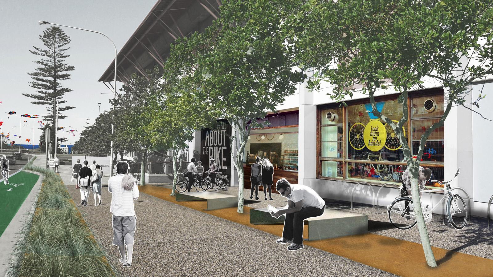 A bustling street scene in Wollongong showcases vibrant public life with people walking, cycling, and sitting. A bike rental shop with a "About Bike Hire" sign is visible, while trees line the sidewalk. A mix of black and white and color elements gives the image a dynamic feel, highlighting the lively public space.