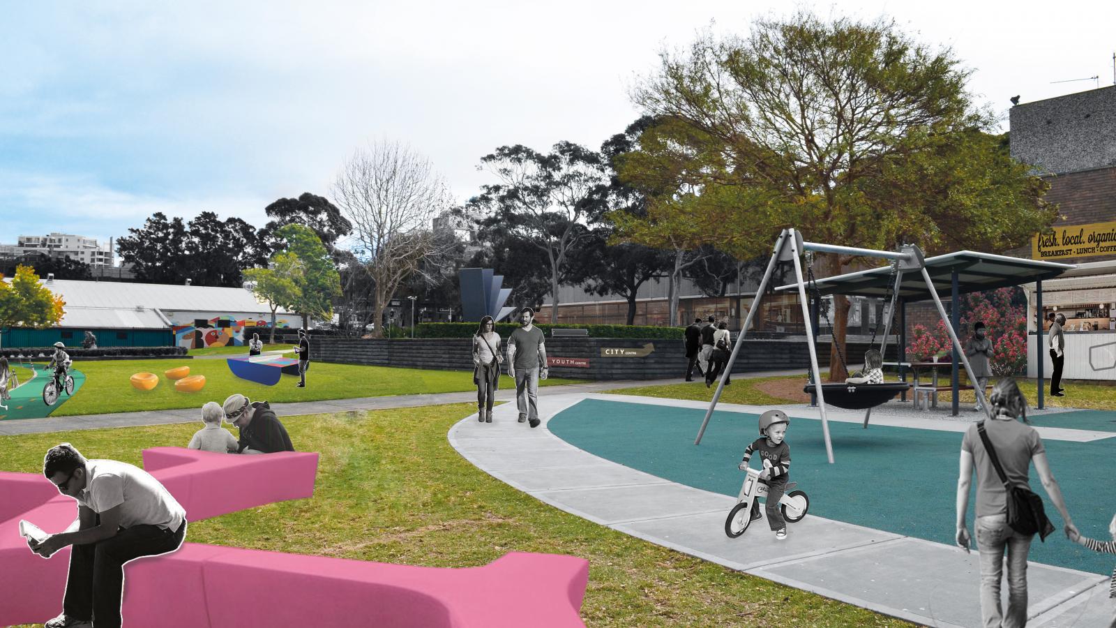 A lively park scene in Wollongong showcases vibrant public life. People are sitting on pink benches, a child rides a bike on a path, adults are walking, and children are swinging. An open grassy area is on the left with trees and buildings in the background, perfectly embodying a bustling public space.