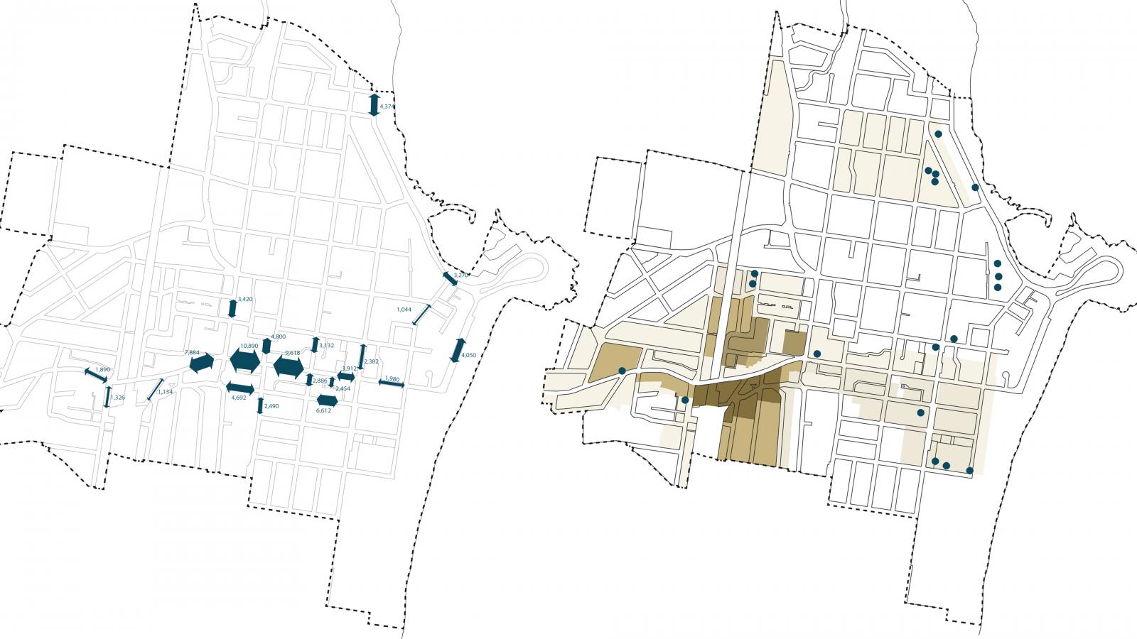 Two maps of Wollongong side by side. The left shows various buildings scattered within the city layout as minimalistic blue shapes. The right map highlights central city blocks in shades of brown, with similar blue shapes indicating specific locations dedicated to public space and public life.