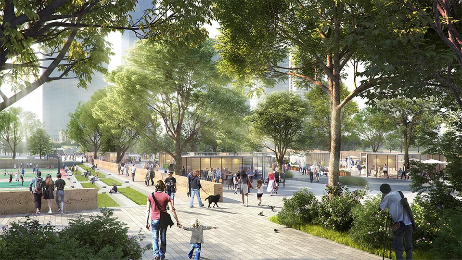 A bustling park scene at Taihu Plaza in Wuxi with diverse groups of people walking, playing, and enjoying nature. Children play and ride bikes, adults stroll, and some walk their dogs. The park is lined with trees and modern buildings are visible in the background.