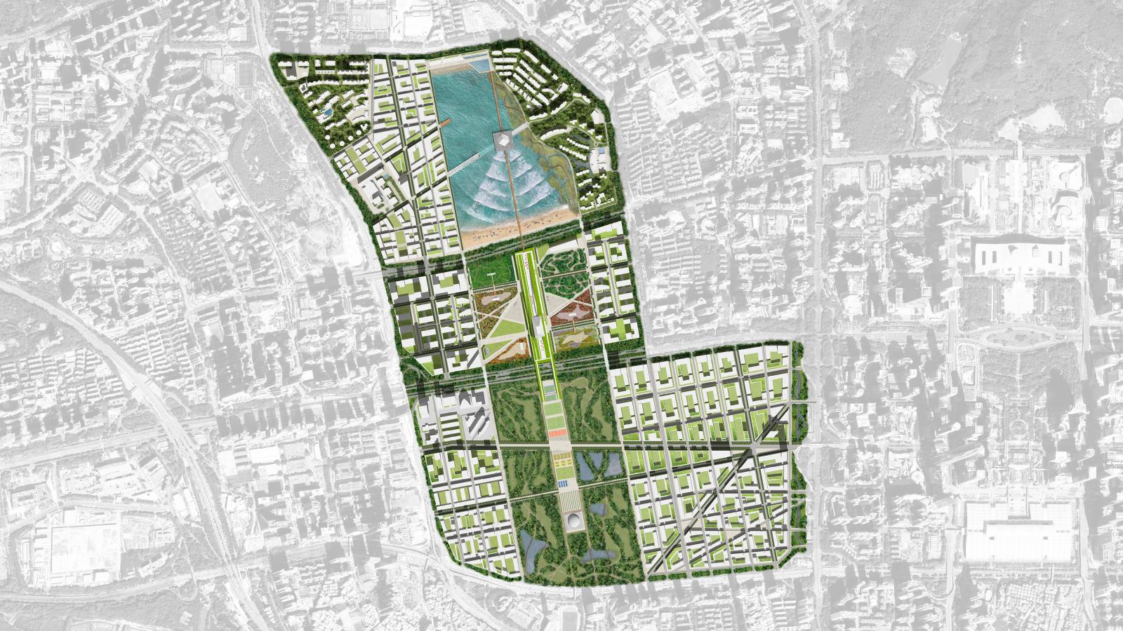 A detailed, color-coded aerial view of an urban master plan of Xiangmihu Park showcases a diverse layout of residential, commercial, and green spaces. The city design includes organized blocks, park areas, a large body of water, and a central pyramid-like structure within a geometric grid pattern.