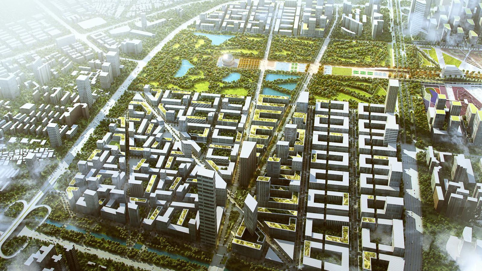 Aerial view of Xiangmihu featuring an urban landscape with numerous rectangular buildings boasting green rooftops, evenly spaced along geometric grid-like streets. Several parks with trees, pathways, lakes, and an open plaza are interspersed throughout the city.