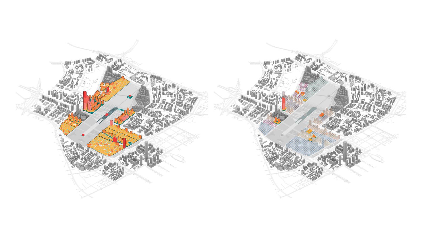 Two overhead maps display urban planning concepts in the city. Both maps highlight various regions in color, with buildings shown in red, orange, blue, and yellow. Symbols likely represent different infrastructure elements, including areas like Xiangmihu Park. The maps are detailed and intricate.