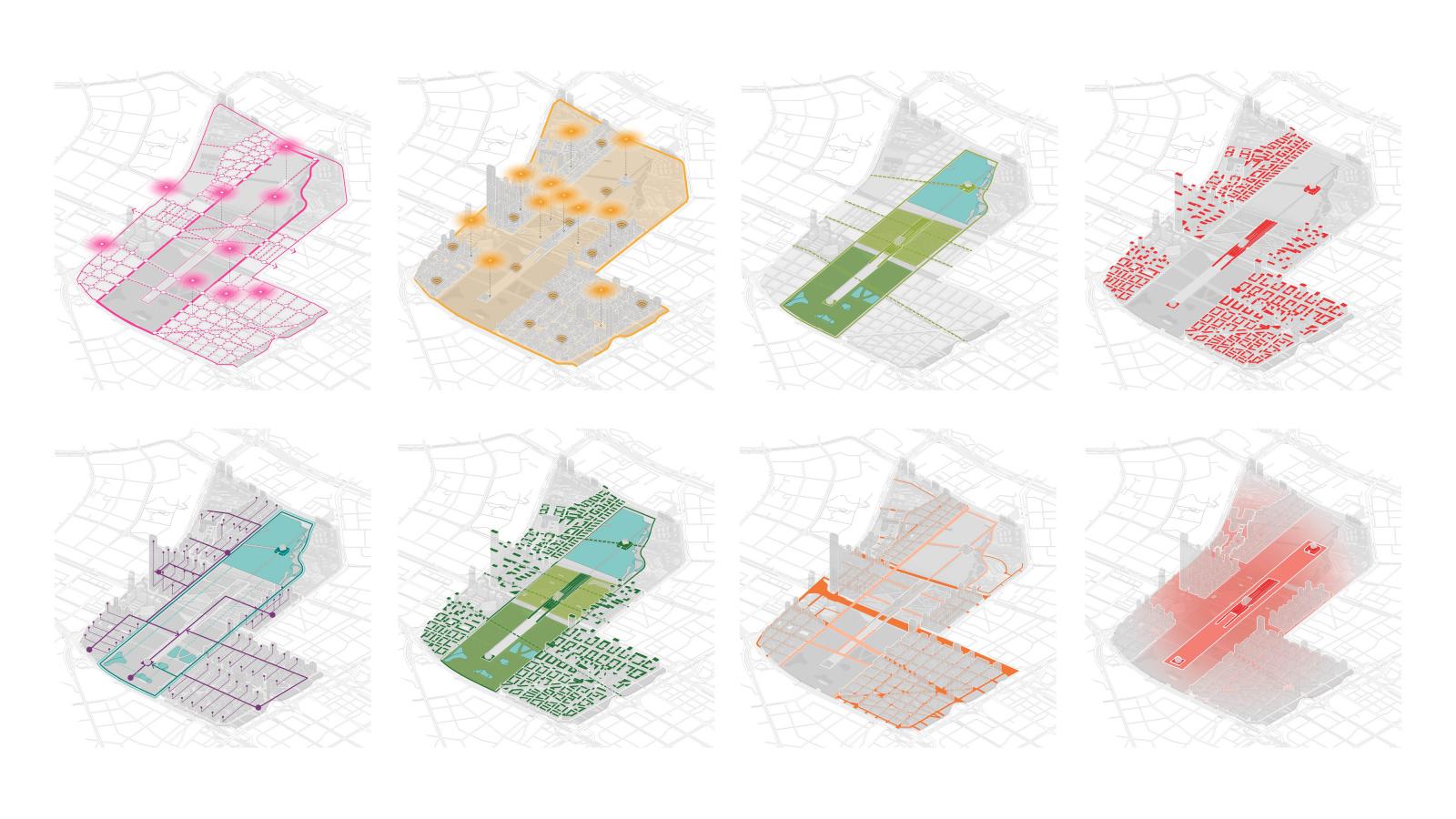 Eight grid maps displaying different data sets over the same urban area. Each map highlights various elements in distinct colors, such as pink, orange, green, and red, indicating density or distribution of specific features or activities throughout Xiangmihu City.