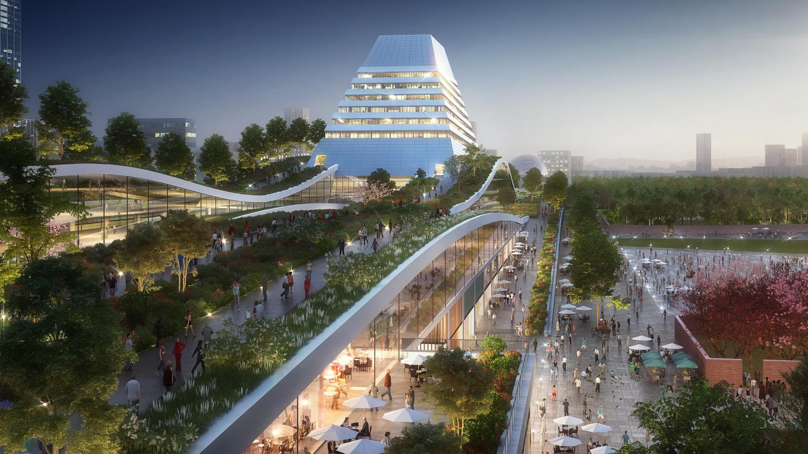 A modern architectural complex featuring a large, tiered pyramid-shaped building surrounded by lush green terraces and trees, all nestled within the vibrant Xiangmihu Park. Below, there are outdoor seating areas with umbrellas and people walking along a well-lit promenade. The scene is set during dusk.