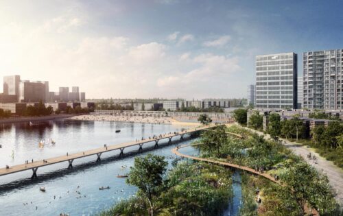 A scenic riverside city view with a pedestrian bridge spanning across the water. High-rise buildings line the background, while the foreground features lush greenery and winding pathways reminiscent of Xiangmihu Park. People are seen boating, walking, and enjoying the urban landscape in this vibrant Park City.