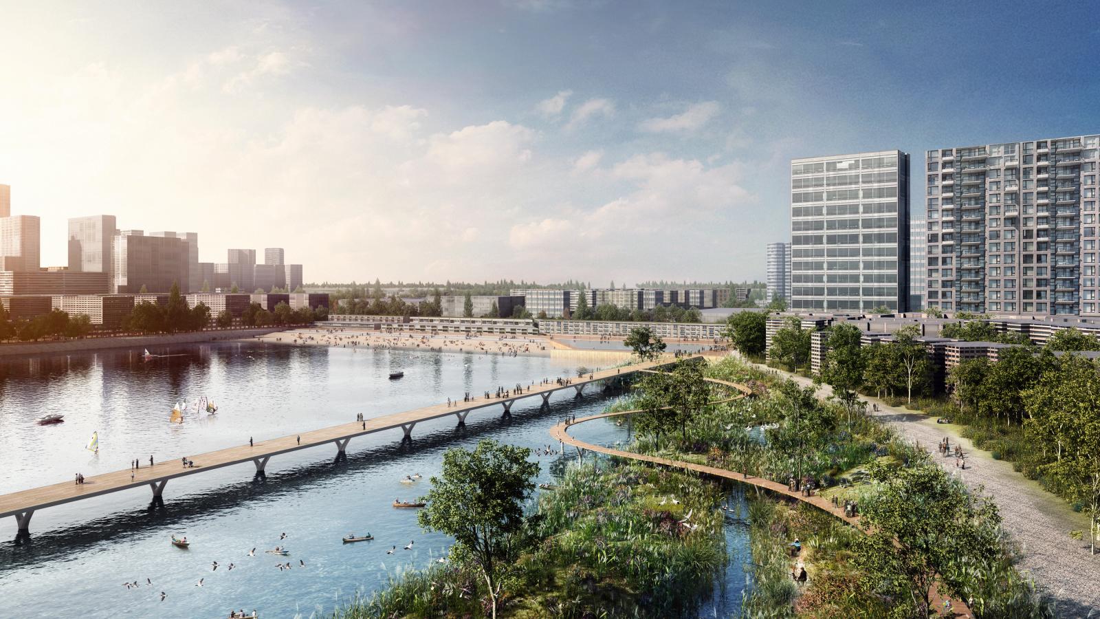 A scenic riverside city view with a pedestrian bridge spanning across the water. High-rise buildings line the background, while the foreground features lush greenery and winding pathways reminiscent of Xiangmihu Park. People are seen boating, walking, and enjoying the urban landscape in this vibrant Park City.