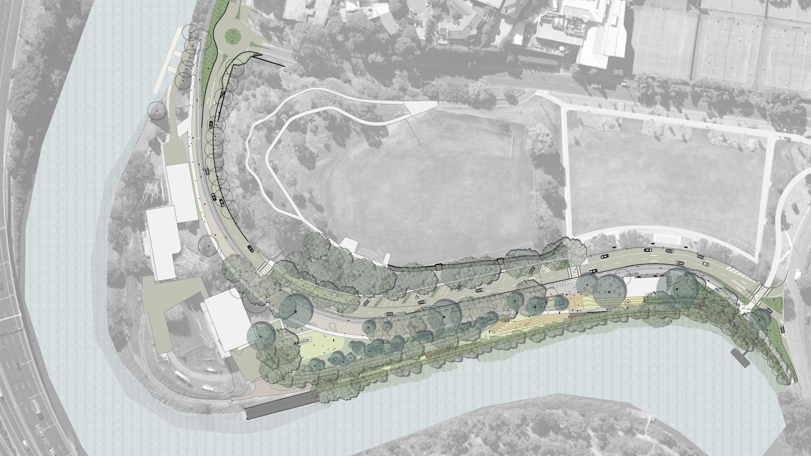 An aerial illustration of a curving riverside park design along the Yarra River. The landscape promotes biodiversity with pathways, green spaces, and tree plantings. Buildings and roads lie adjacent to the park, while the river encircles it on the left and bottom sides, creating a natural link to urban life.