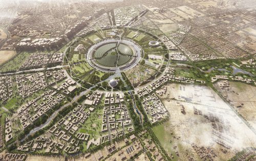 Aerial view of a city with a large, circular central area featuring parks and ponds. This urban design radiates numerous roads outward from the center, connecting to various residential and commercial districts. Surrounding areas include vast fields and smaller clusters of buildings.