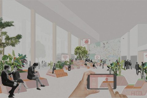 An illustration of a modern indoor public space with people sitting on benches. The space features plants, large windows, and various icons such as Wi-Fi, power, and a movie reel, signifying available amenities. A hand holds a device displaying “Live Streaming Logues” in these living lobbies.