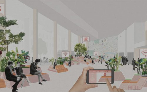 An illustration of a modern indoor public space with people sitting on benches. The space features plants, large windows, and various icons such as Wi-Fi, power, and a movie reel, signifying available amenities. A hand holds a device displaying “Live Streaming Logues” in these living lobbies.