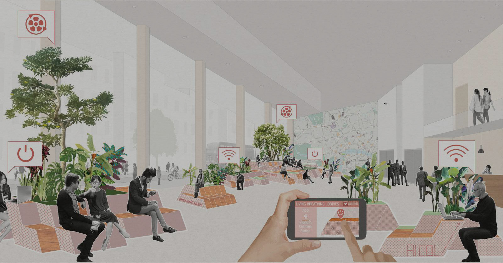 An illustration of a modern indoor public space with people sitting on benches. The space features plants, large windows, and various icons such as Wi-Fi, power, and a movie reel, signifying available amenities. A hand holds a device displaying “Live Streaming Logues” in these living lobbies.