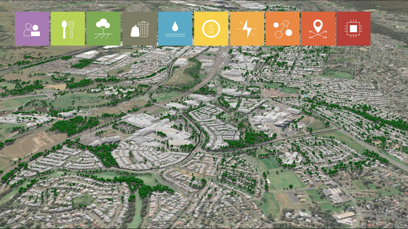 A detailed aerial view of a small city or town with various neighborhoods, lush green spaces, and trees highlights the principles of biourbanism. Above the image, a row of colorful icons represents different categories such as community, dining, nature, water, finance, energy, connectivity, location, and technology.