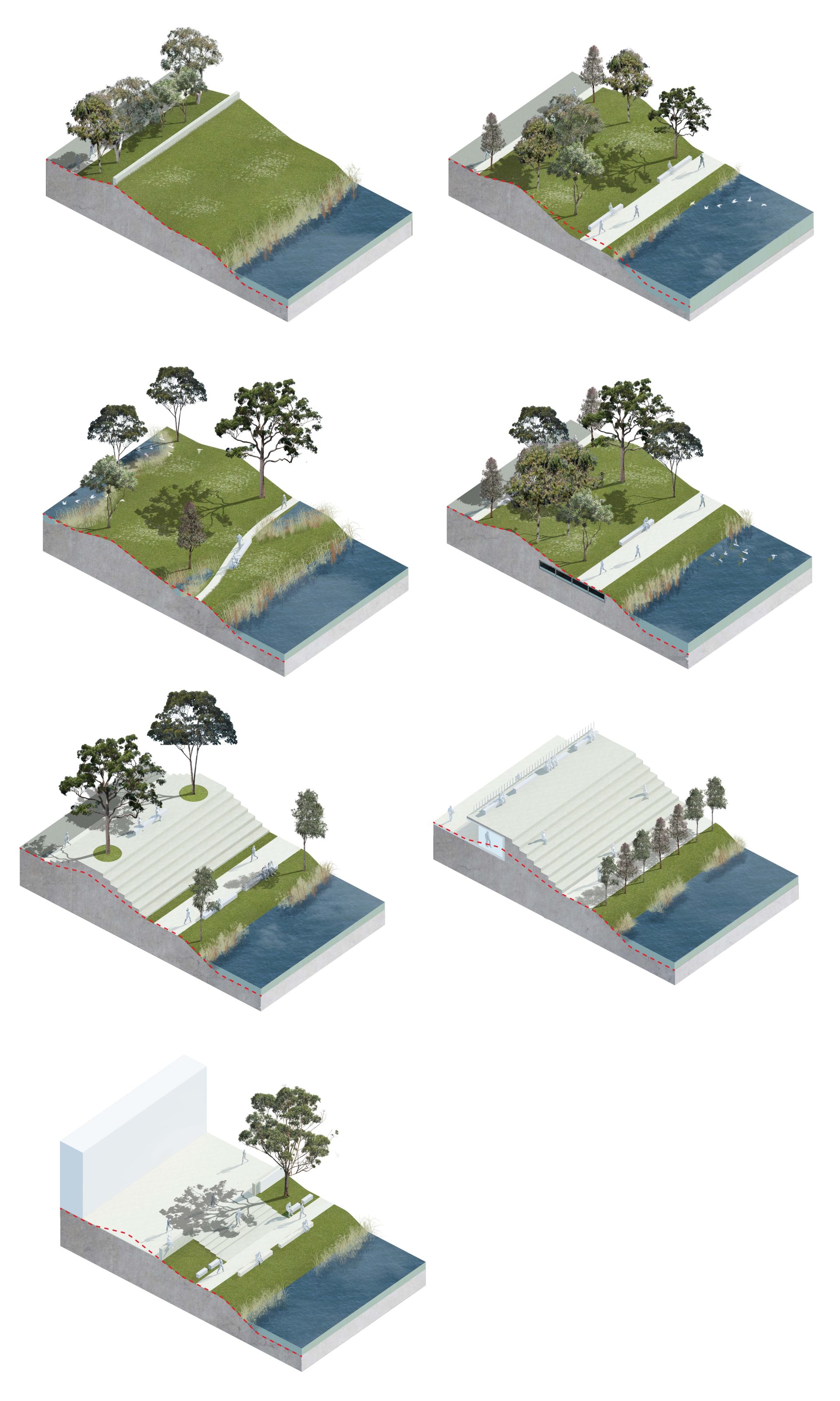 A series of seven isometric diagrams depicting a progressive transformation of a landscape from a natural state with trees and grass to a developed area along Cardiff City Bay, showcasing terraced landscaping and riverside buildings.