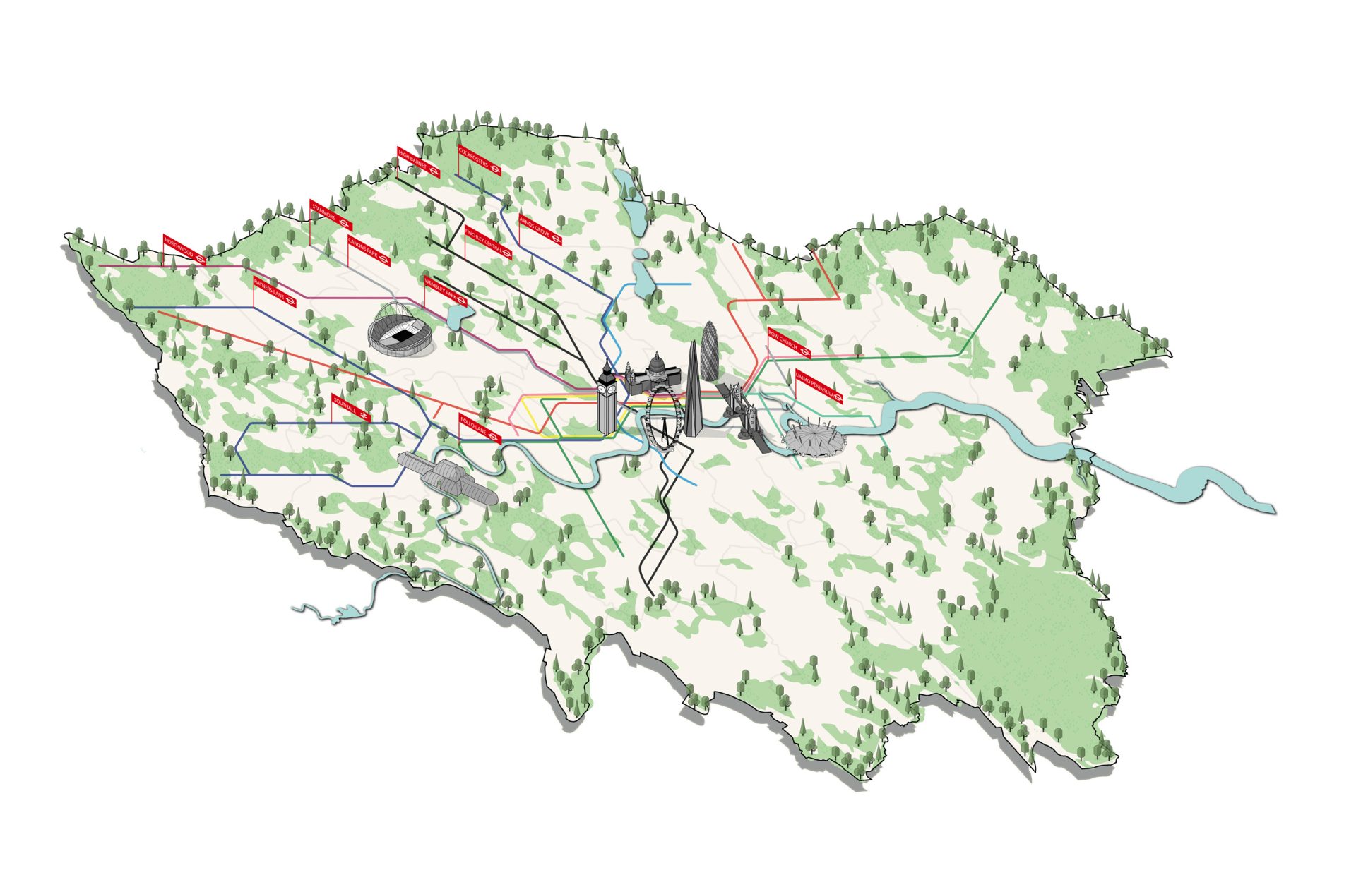 A detailed illustrated map of a landscape featuring a green, forested area with various mountain peaks, rivers, and architectural elements. Red lines with flags indicate pathways or boundaries, enhancing transport routes while promoting sustainable development. A central structure suggests a focal point within the map.