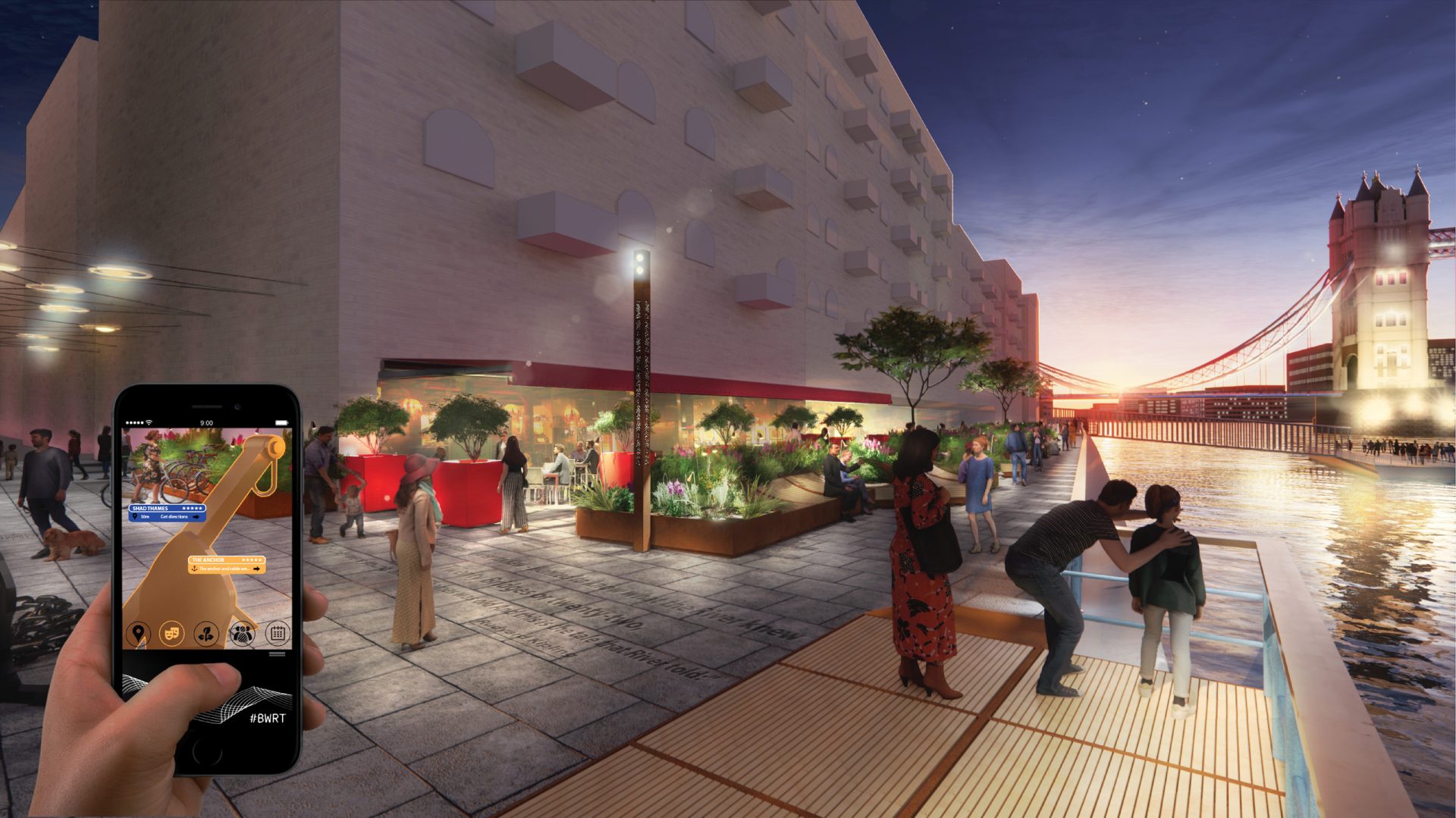 A lively riverside promenade at dusk, with people strolling and socializing near Butler's Wharf. A smartphone in the foreground displays an augmented reality navigation app. The scene features modern buildings, outdoor dining areas, and a visible iconic bridge in the background.